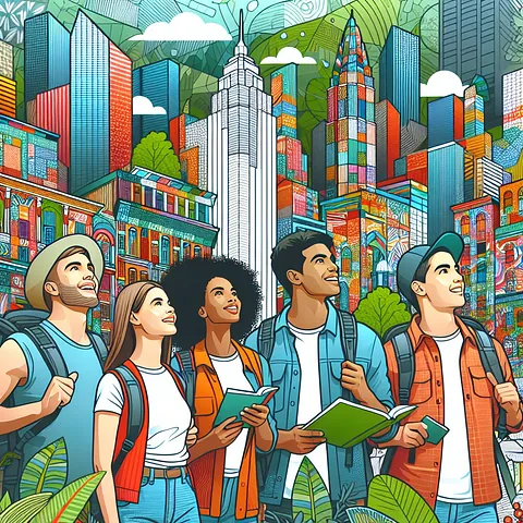 Happy travelers exploring a vibrant city.