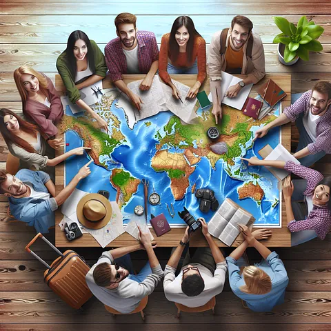 Realistic stock image of travelers planning vacation.